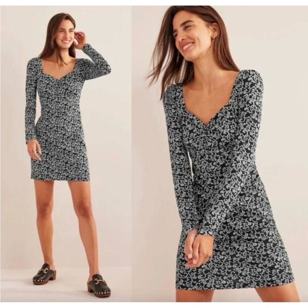 Boden Black & White Swirl Sprig Sweetheart Neckline Jersey Dress Size 6 NWOT